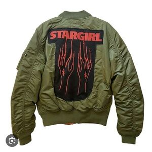 Olive Bomber Jacket with Red Graphic